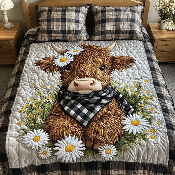 Daisy Dreams quilted 3-piece bedding set on a made bed with two matching pillow shams