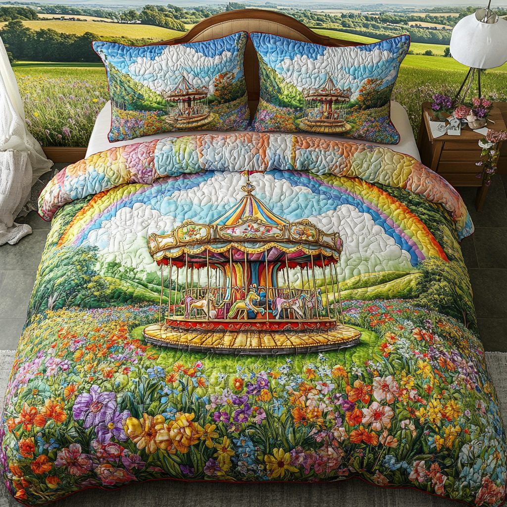 Daisy Dreamscape quilted 3-piece bedding set on a made bed with two matching pillow shams