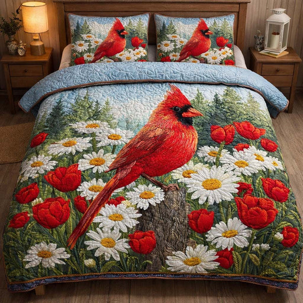 Daisy Field Cardinal quilted 3-piece bedding set on a made bed with two matching pillow shams