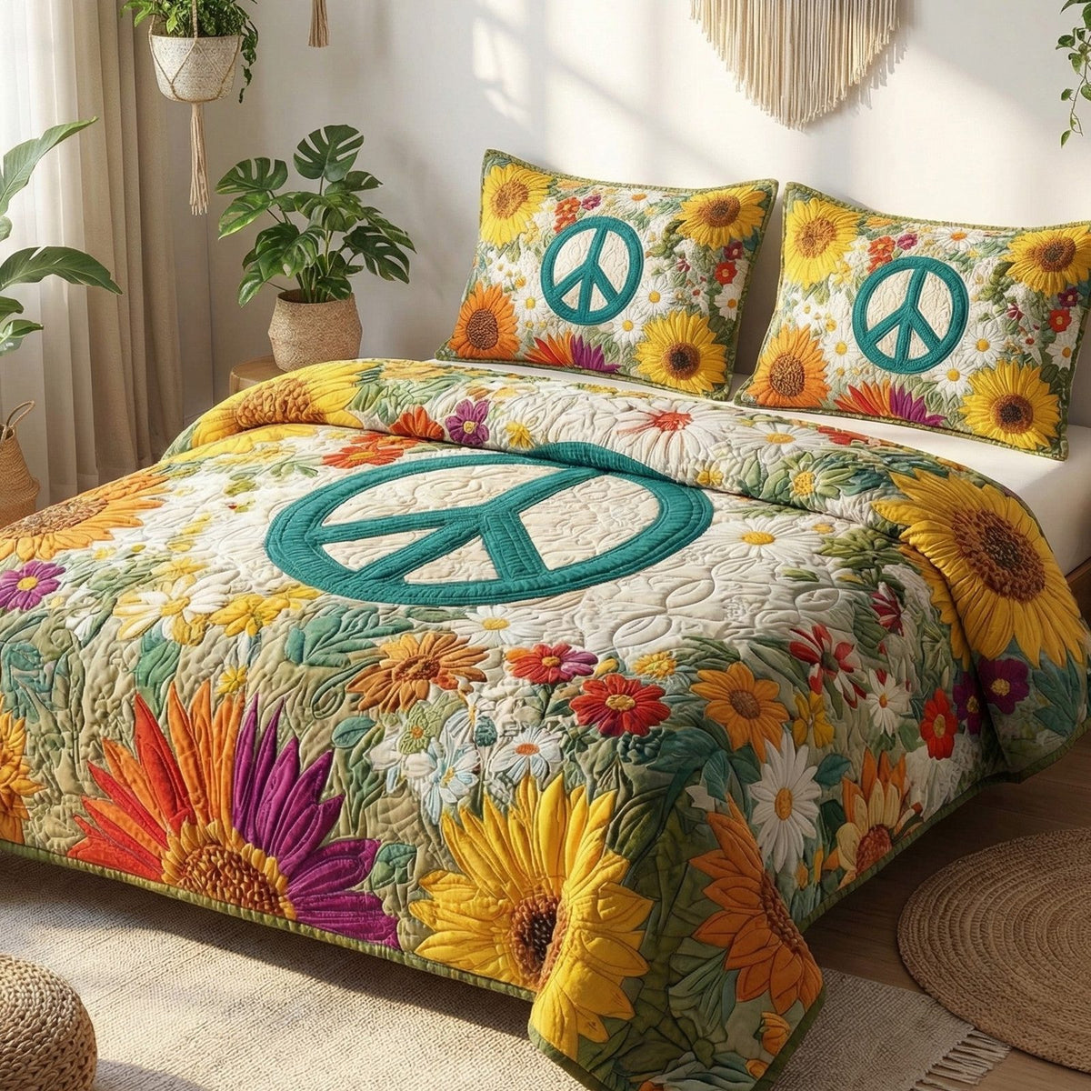 Daisy Freedom quilted 3-piece bedding set on a made bed in a warmly lit bedroom