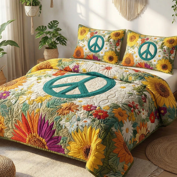 Daisy Freedom quilted 3-piece bedding set on a made bed in a warmly lit bedroom