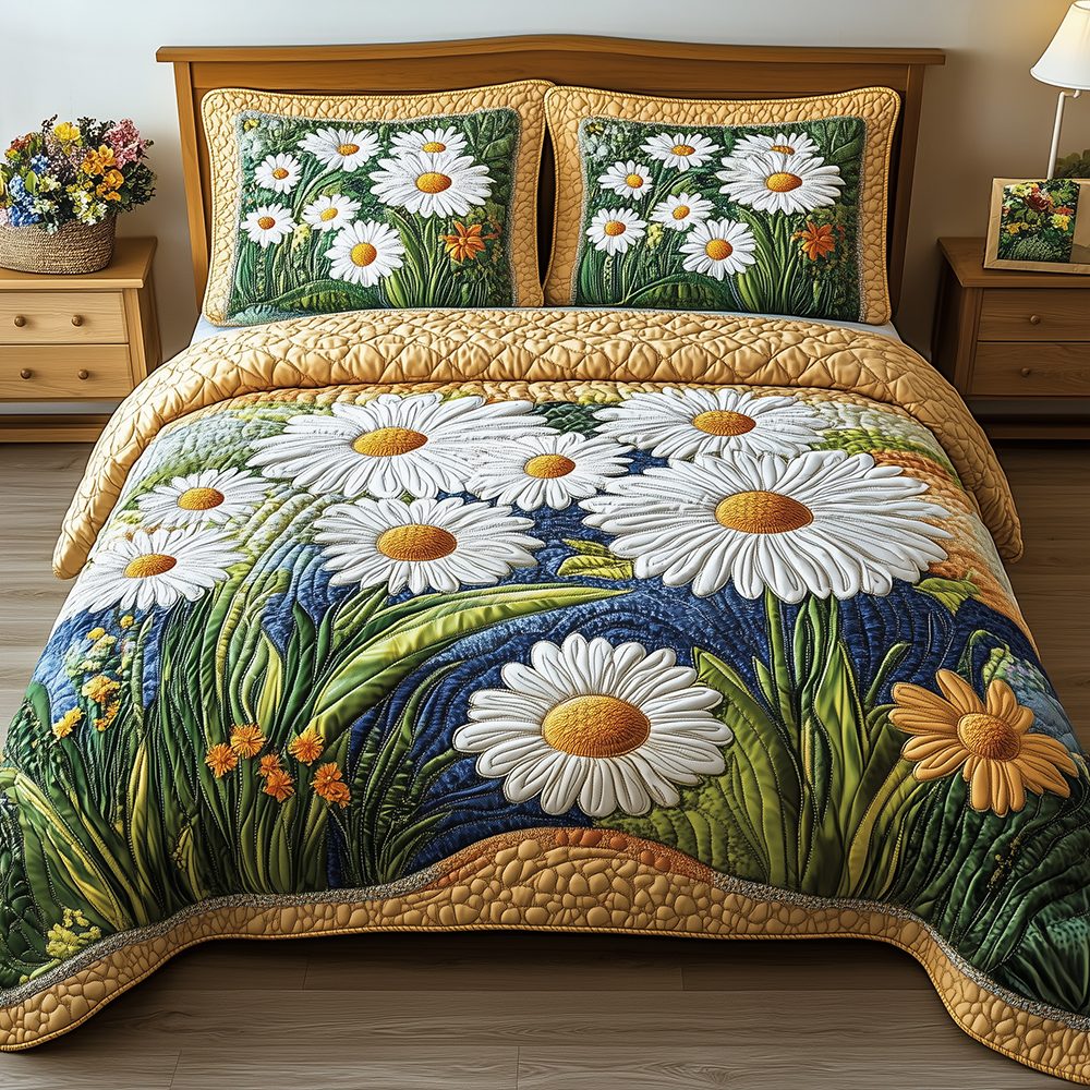 Daisy Garden quilted 3-piece bedding set on a made bed with two matching pillow shams