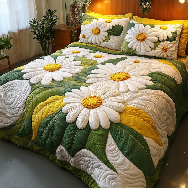 Daisy Garden quilted 3-piece bedding set on a made bed with two matching pillow shams