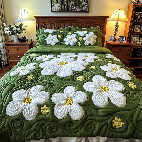 Daisy Garden quilted 3-piece bedding set on a made bed with two matching pillow shams