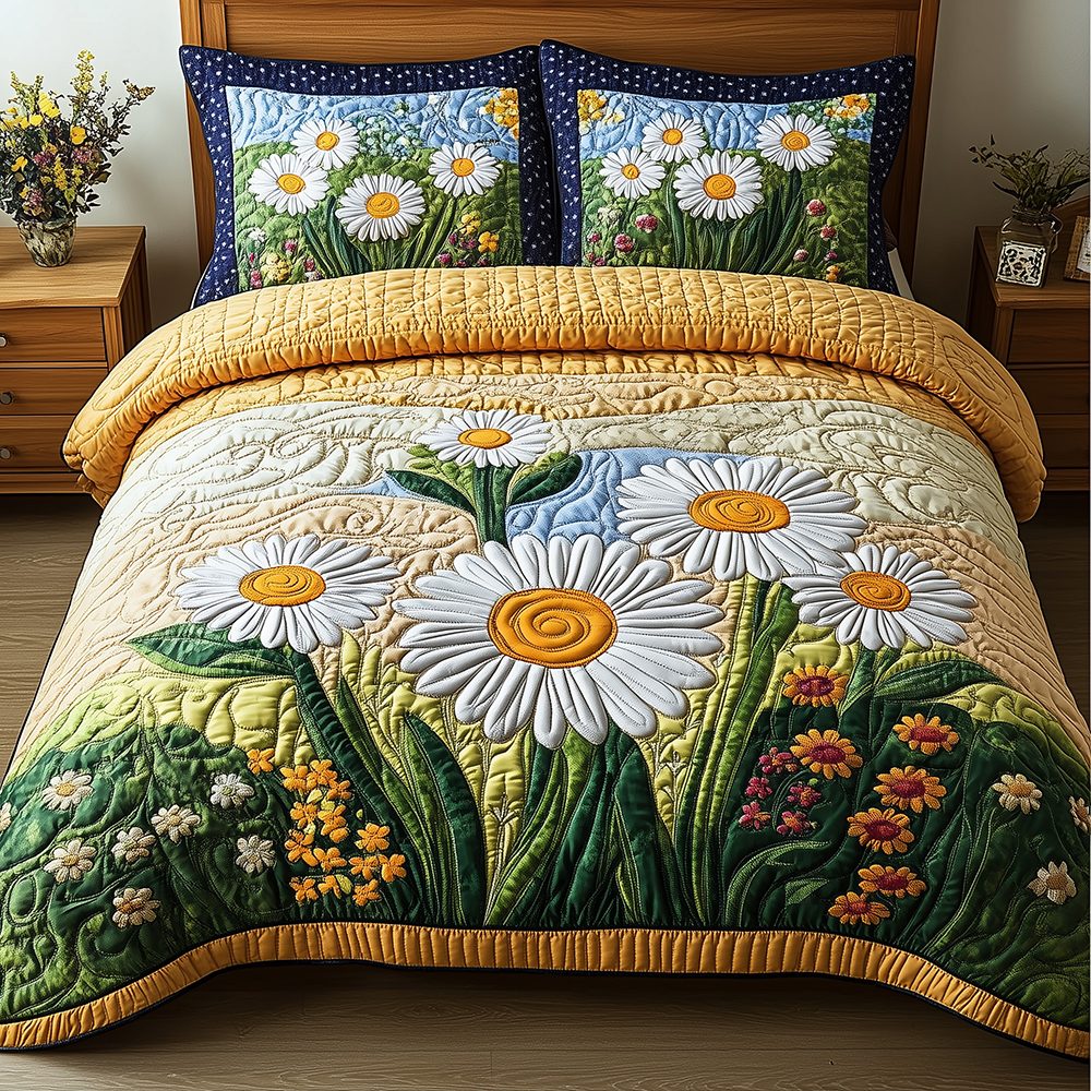 Daisy Garden quilted 3-piece bedding set on a made bed with two matching pillow shams