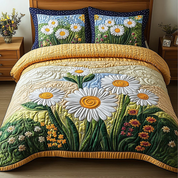 Daisy Garden quilted 3-piece bedding set on a made bed with two matching pillow shams