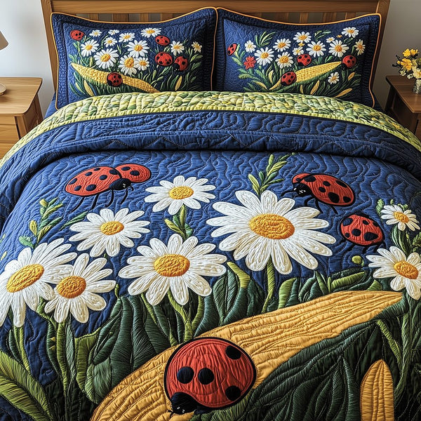 Daisy Garden quilted 3-piece bedding set on a made bed with two matching pillow shams
