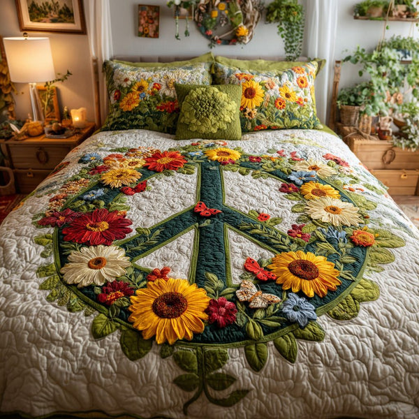 Daisy Harmony quilted 3-piece bedding set on a made bed with two matching pillow shams