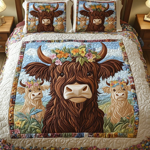 Daisy Herd quilted 3-piece bedding set on a made bed with two matching pillow shams