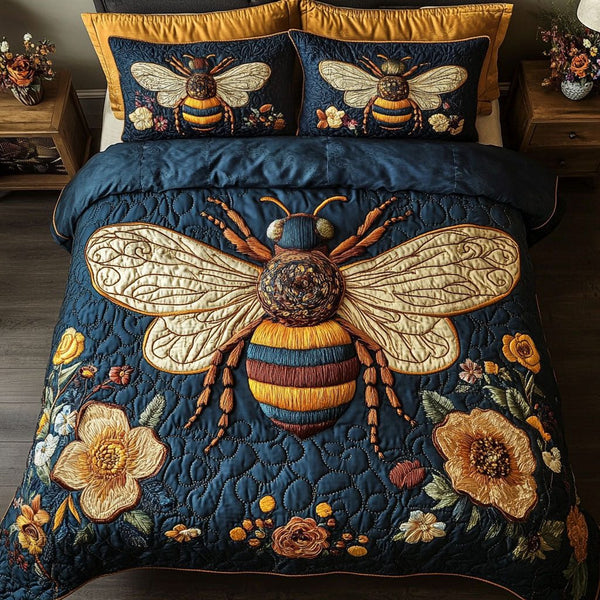 Daisy Hive Harmony quilted 3-piece bedding set on a made bed with two matching pillow shams