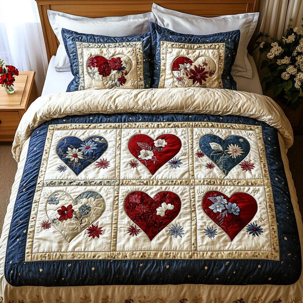 Daisy Love Affair quilted 3-piece bedding set on a made bed with two matching pillow shams