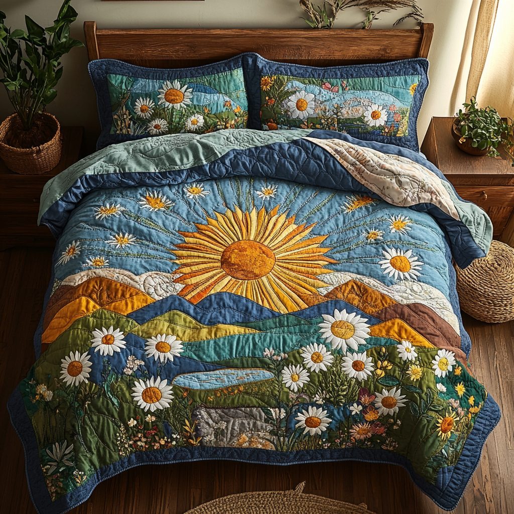 Daisy Meadow quilted 3-piece bedding set on a made bed with two matching pillow shams