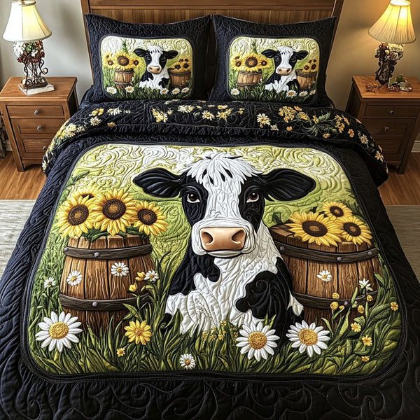 Daisy Meadows quilted 3-piece bedding set on a made bed with two matching pillow shams