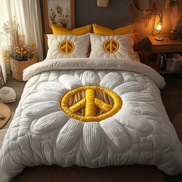 Daisy Peace Glow quilted 3-piece bedding set on a made bed with two matching pillow shams