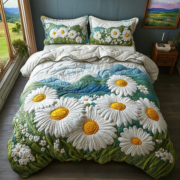 Daisy Petal Parade quilted 3-piece bedding set on a made bed with two matching pillow shams