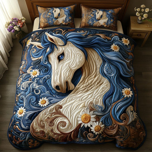 Daisy Pony quilted 3-piece bedding set on a made bed with two matching pillow shams