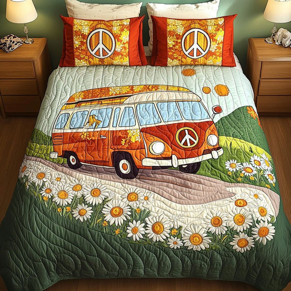 Daisy Road Trip quilted 3-piece bedding set on a made bed with two matching pillow shams
