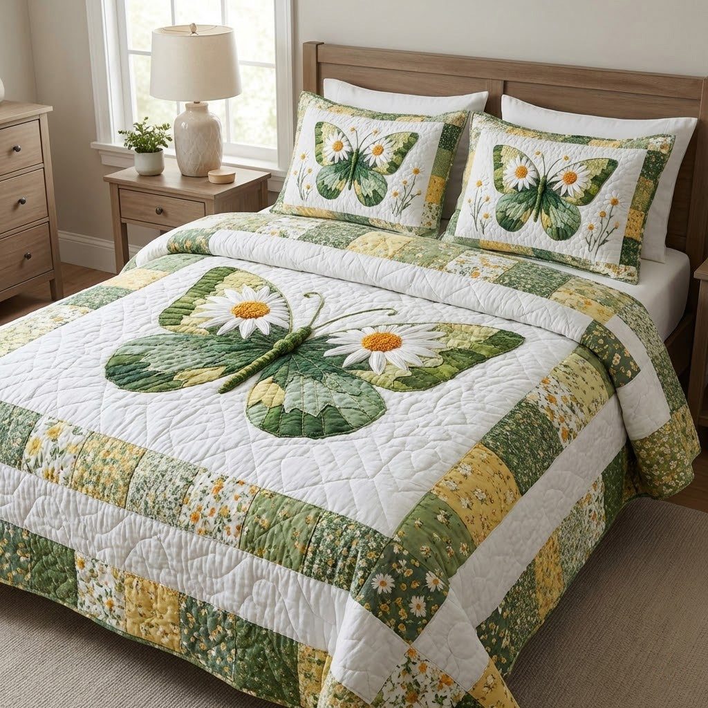Daisywing quilted 3-piece bedding set on a made bed with two matching pillow shams