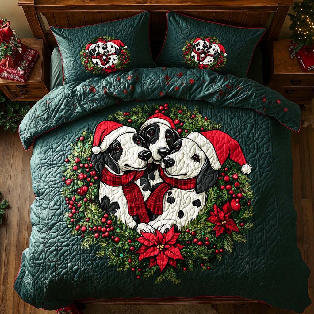 Dalmatian Noel Trio quilted 3-piece bedding set on a made bed in a winter-styled bedroom