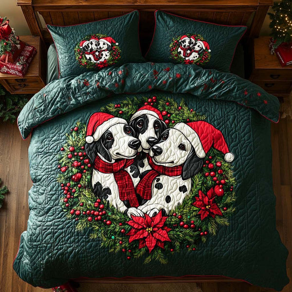 Dalmatian Noel Trio quilted 3-piece bedding set on a made bed in a winter-styled bedroom