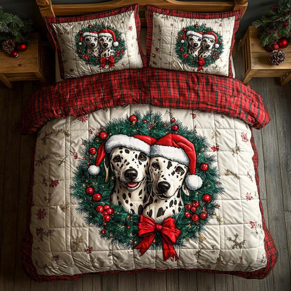 Dalmatian Wreath Duo quilted 3-piece bedding set on a made bed in a winter-styled bedroom