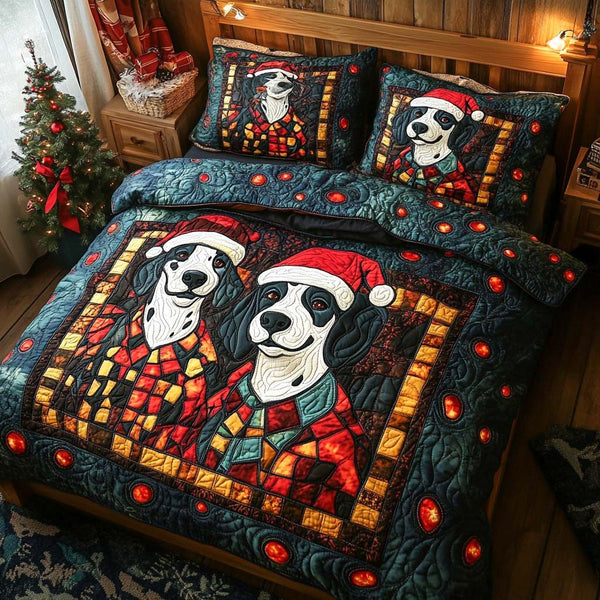 Dalmatian Yuletide Glow quilted 3-piece bedding set on a made bed with two matching pillow shams