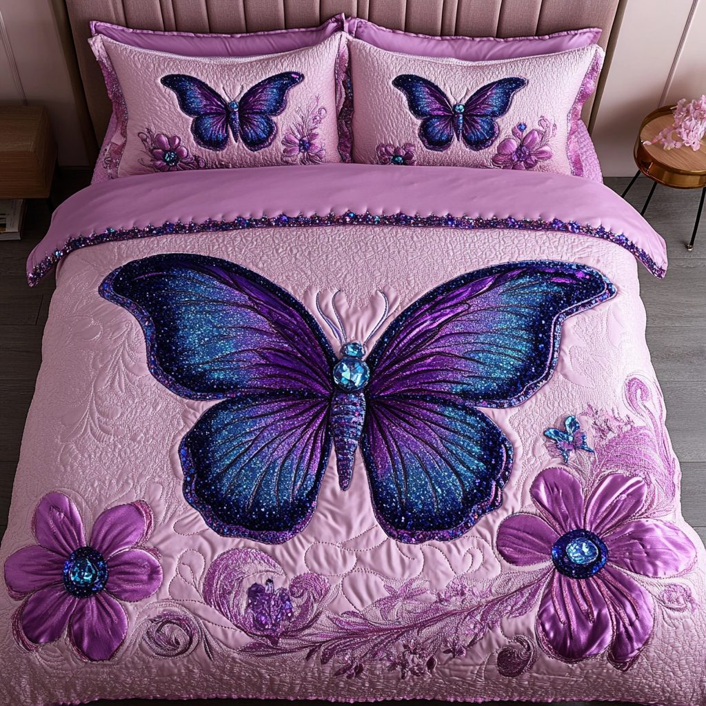 Dance of the Butterflies quilted 3-piece bedding set on a made bed with two matching pillow shams