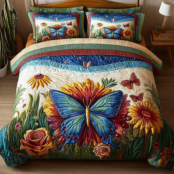 Dancing Breeze quilted 3-piece bedding set on a made bed with two matching pillow shams
