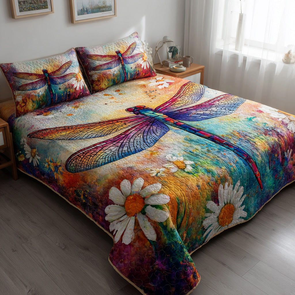 Dancing Daisies quilted 3-piece bedding set on a made bed with two matching pillow shams