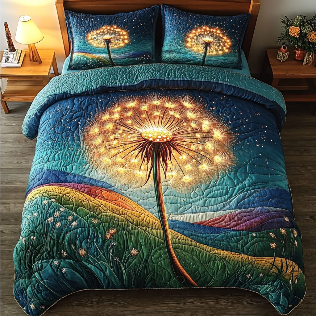 Dancing Dandelions quilted 3-piece bedding set on a made bed with two matching pillow shams