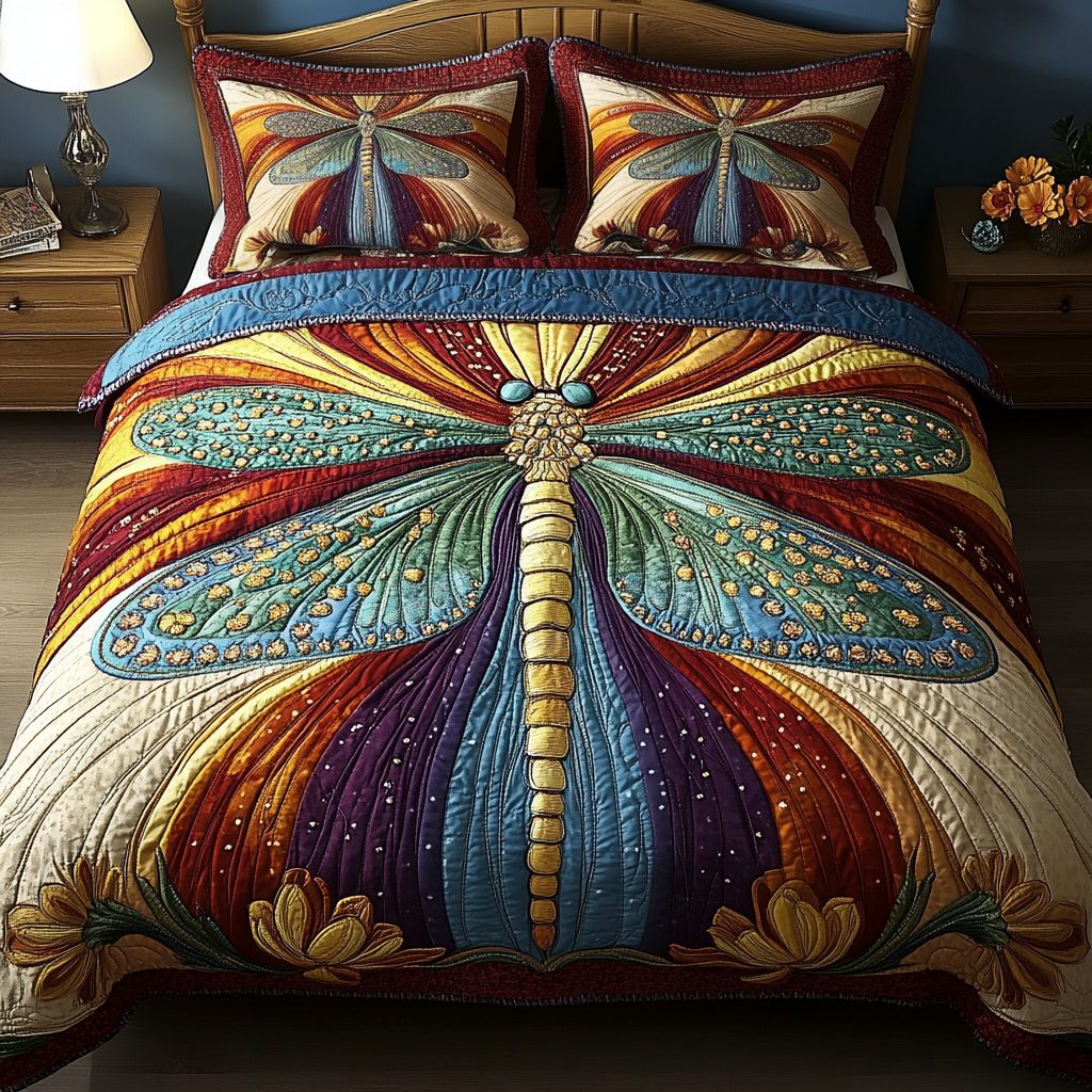 Dancing Dragonfly quilted 3-piece bedding set on a made bed with two matching pillow shams