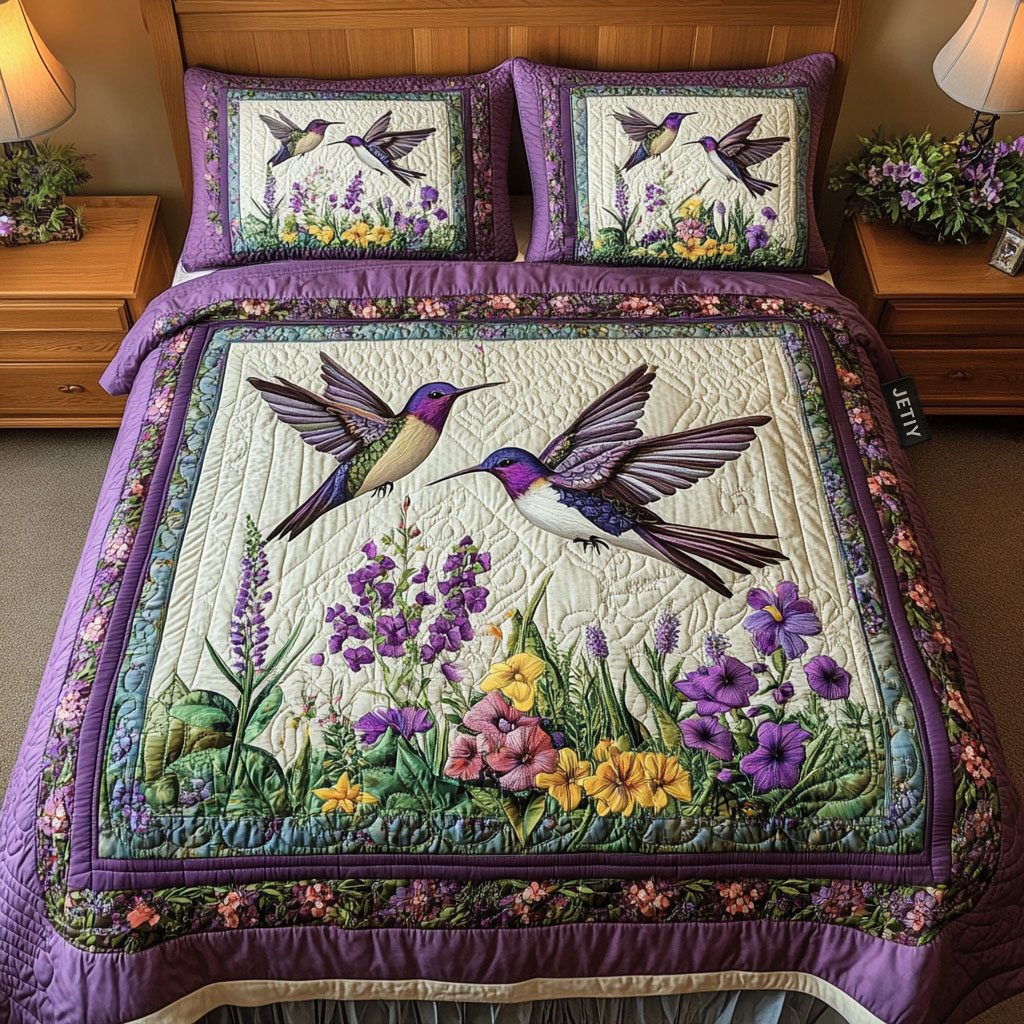 Dancing Duo quilted 3-piece bedding set on a made bed with two matching pillow shams