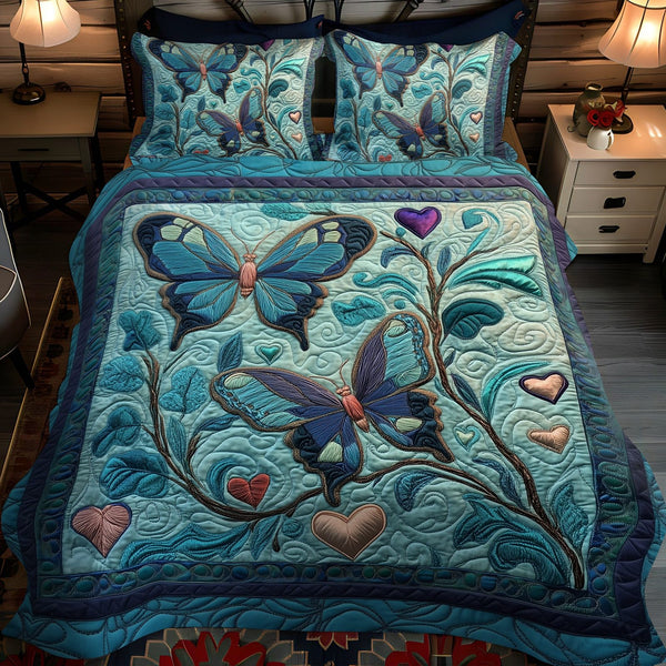 Dancing in Love quilted 3-piece bedding set on a made bed with two matching pillow shams