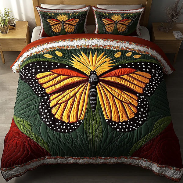 Dancing Petals quilted 3-piece bedding set on a made bed with two matching pillow shams