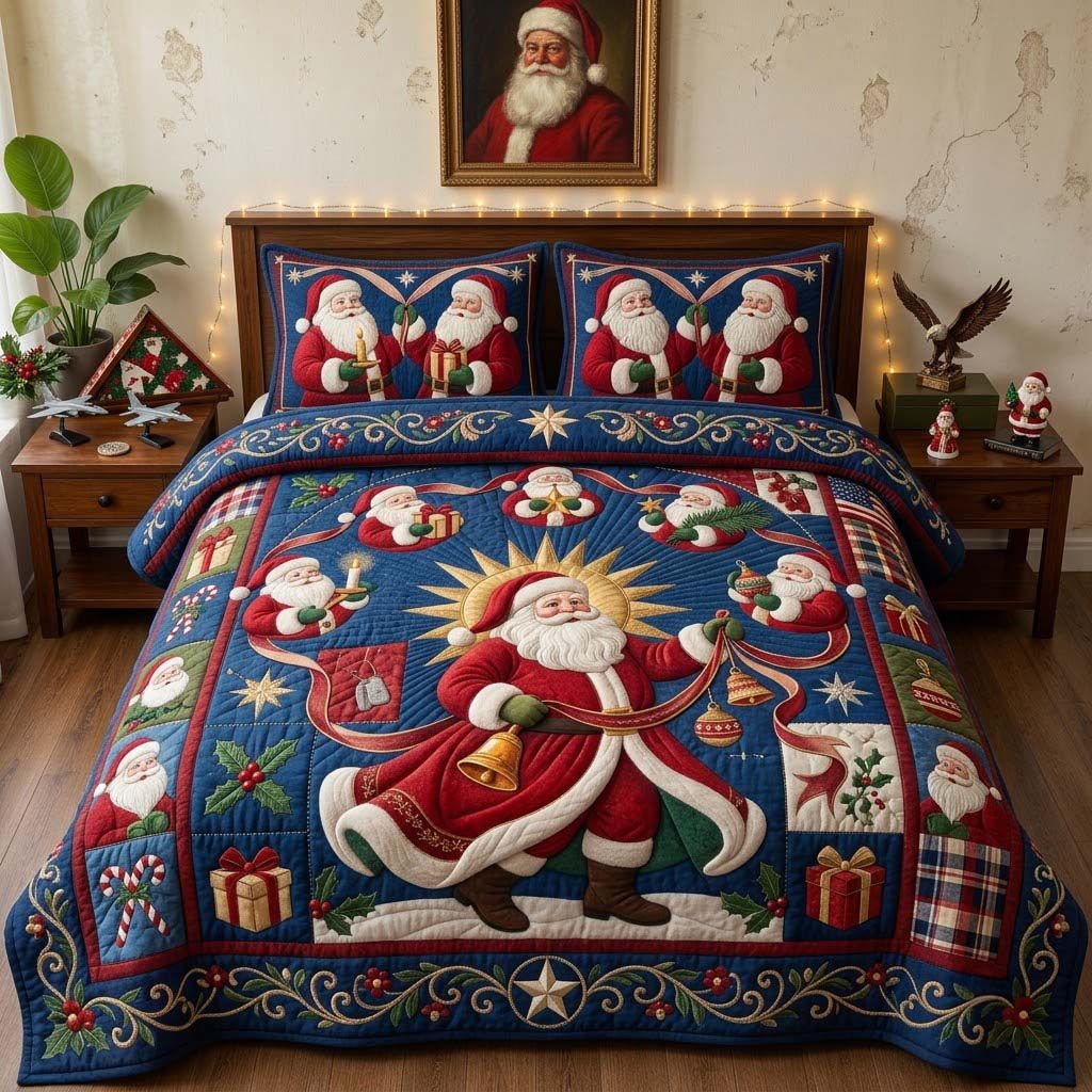 Dancing Santa Ornaments quilted 3-piece bedding set on a made bed in a winter-styled bedroom