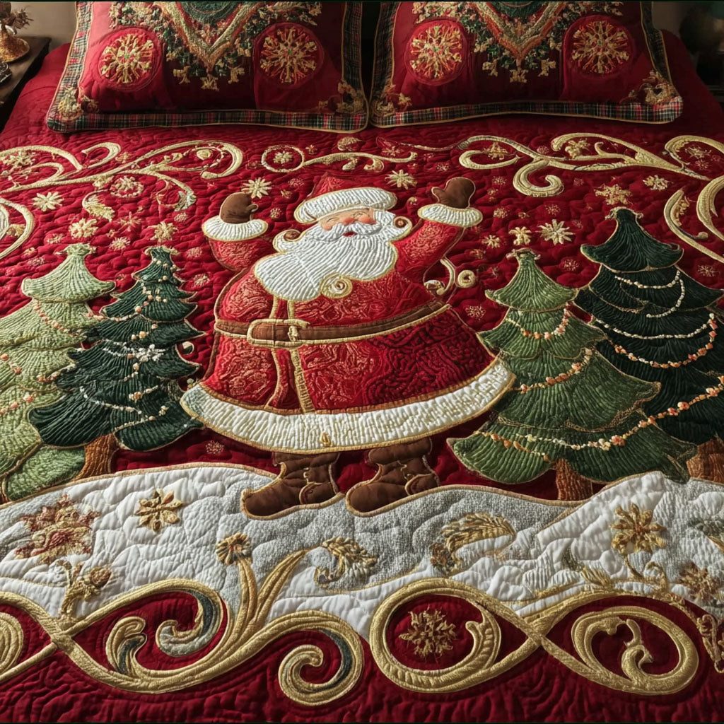 Dancing Santa quilted 3-piece bedding set on a made bed in a winter-styled bedroom