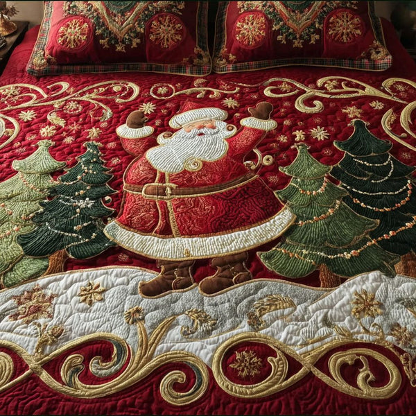 Dancing Santa quilted 3-piece bedding set on a made bed in a winter-styled bedroom