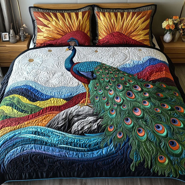 Dancing Through the Garden quilted 3-piece bedding set on a made bed with two matching pillow shams