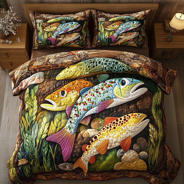 Dancing Trout quilted 3-piece bedding set on a made bed with two matching pillow shams