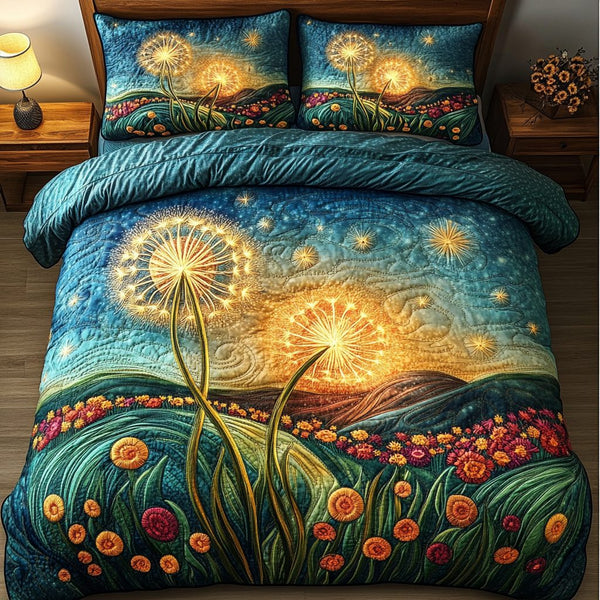 Dandelion Breeze quilted 3-piece bedding set on a made bed with two matching pillow shams