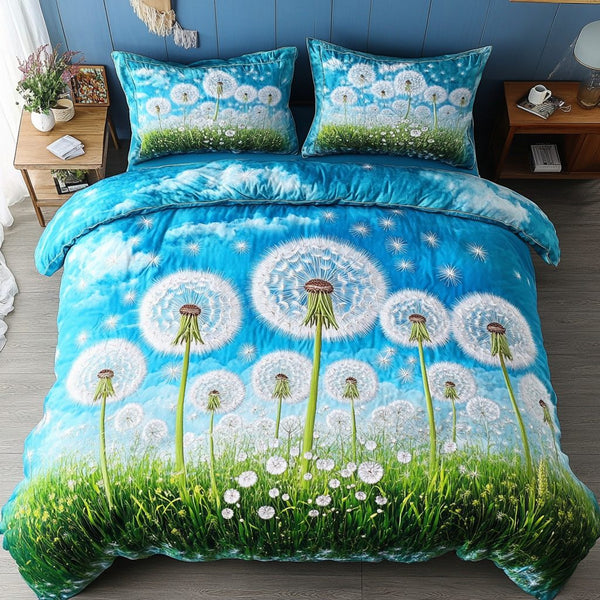 Dandelion Breeze quilted 3-piece bedding set on a made bed with two matching pillow shams
