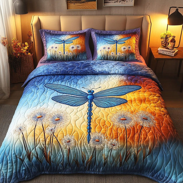 Dandelion Breeze quilted 3-piece bedding set on a made bed with two matching pillow shams