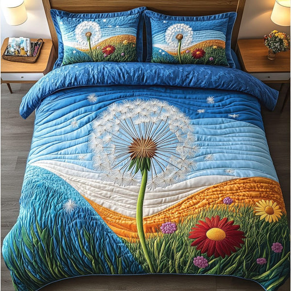Dandelion Charm quilted 3-piece bedding set on a made bed with two matching pillow shams