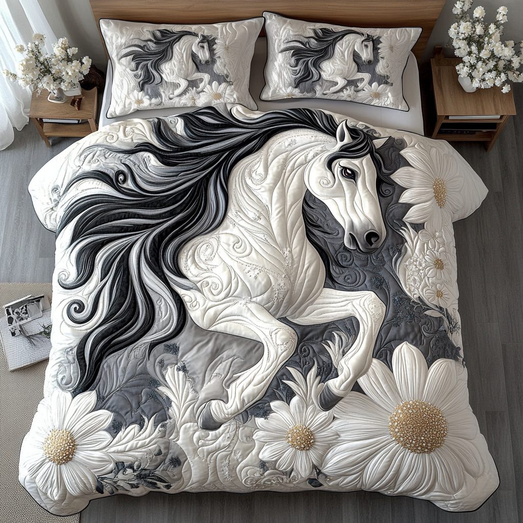 Dandelion Dash quilted 3-piece bedding set on a made bed with two matching pillow shams