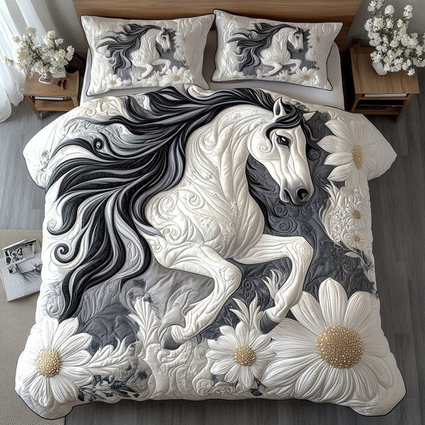 Dandelion Dash quilted 3-piece bedding set on a made bed with two matching pillow shams