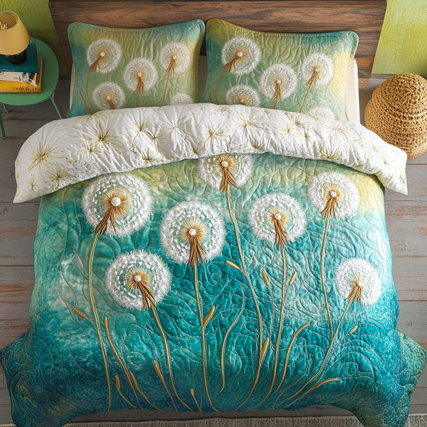 Dandelion Drift quilted 3-piece bedding set on a made bed with two matching pillow shams