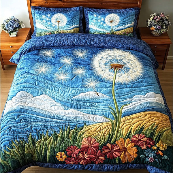 Dandelion Hope quilted 3-piece bedding set on a made bed with two matching pillow shams