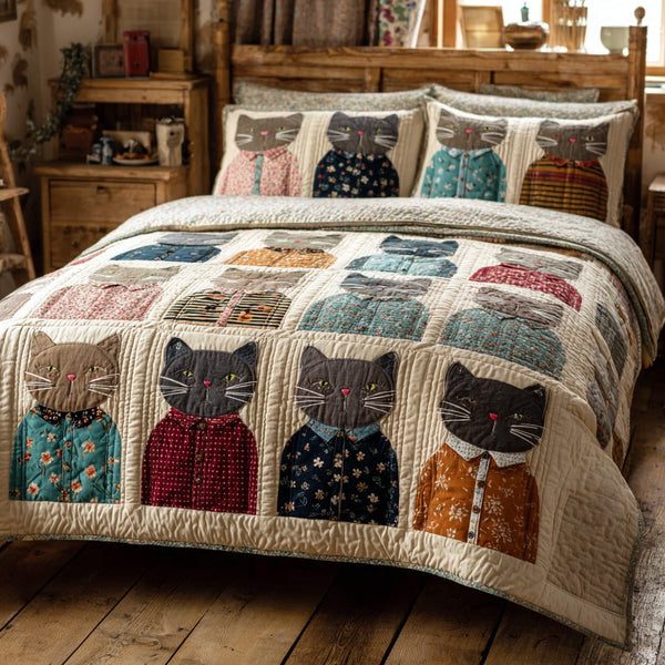 Dapper Cats quilted 3-piece bedding set on a made bed with two matching pillow shams