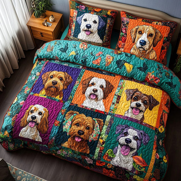 Dapper Doggo quilted 3-piece bedding set on a made bed with two matching pillow shams