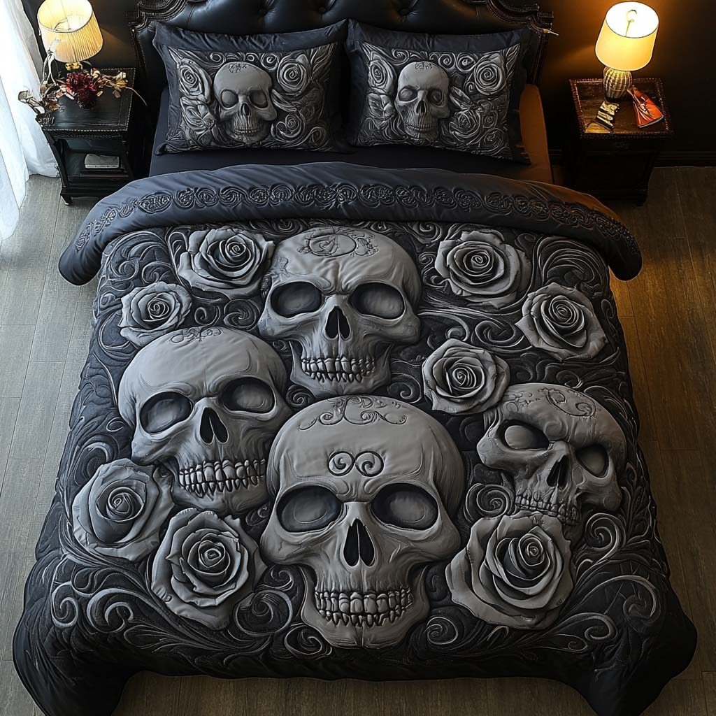 Dark Bloom quilted 3-piece bedding set on a made bed with two matching pillow shams